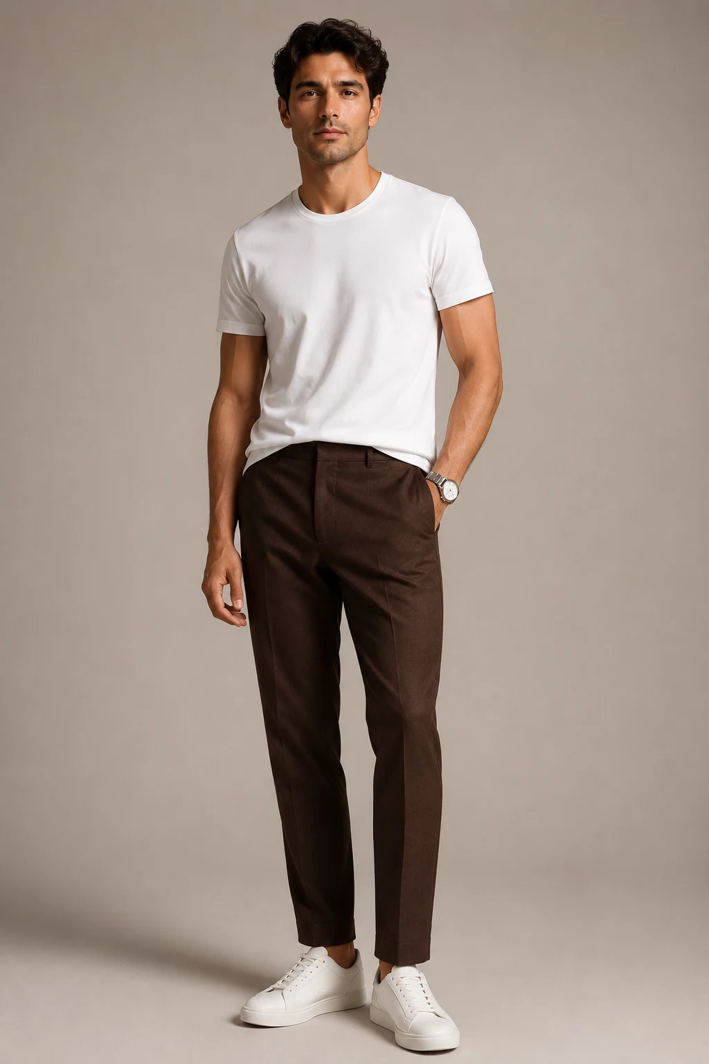 The White Tee and Chocolate Trouser Combo That Never Misses — brown pants outfit men style outfit, worn by a stylish man