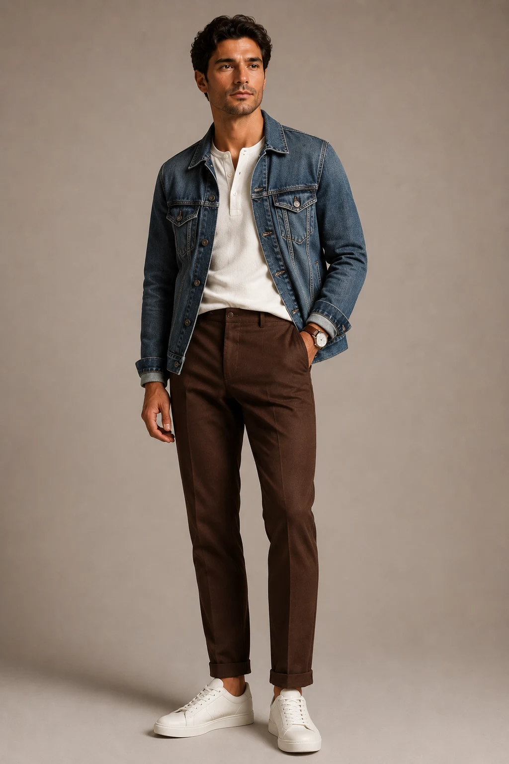 The Denim Jacket Weekend Winner — brown pants outfit men style outfit, worn by a stylish man
