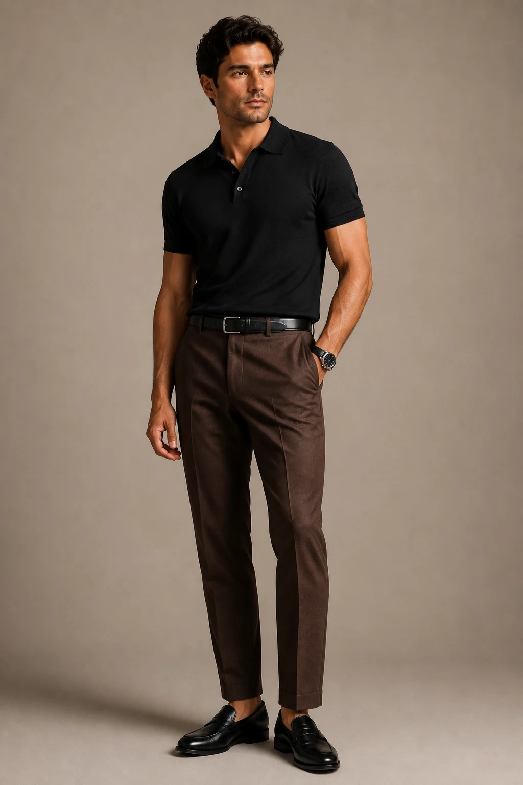 The Black Polo Power Move — brown pants outfit men style outfit, worn by a stylish man
