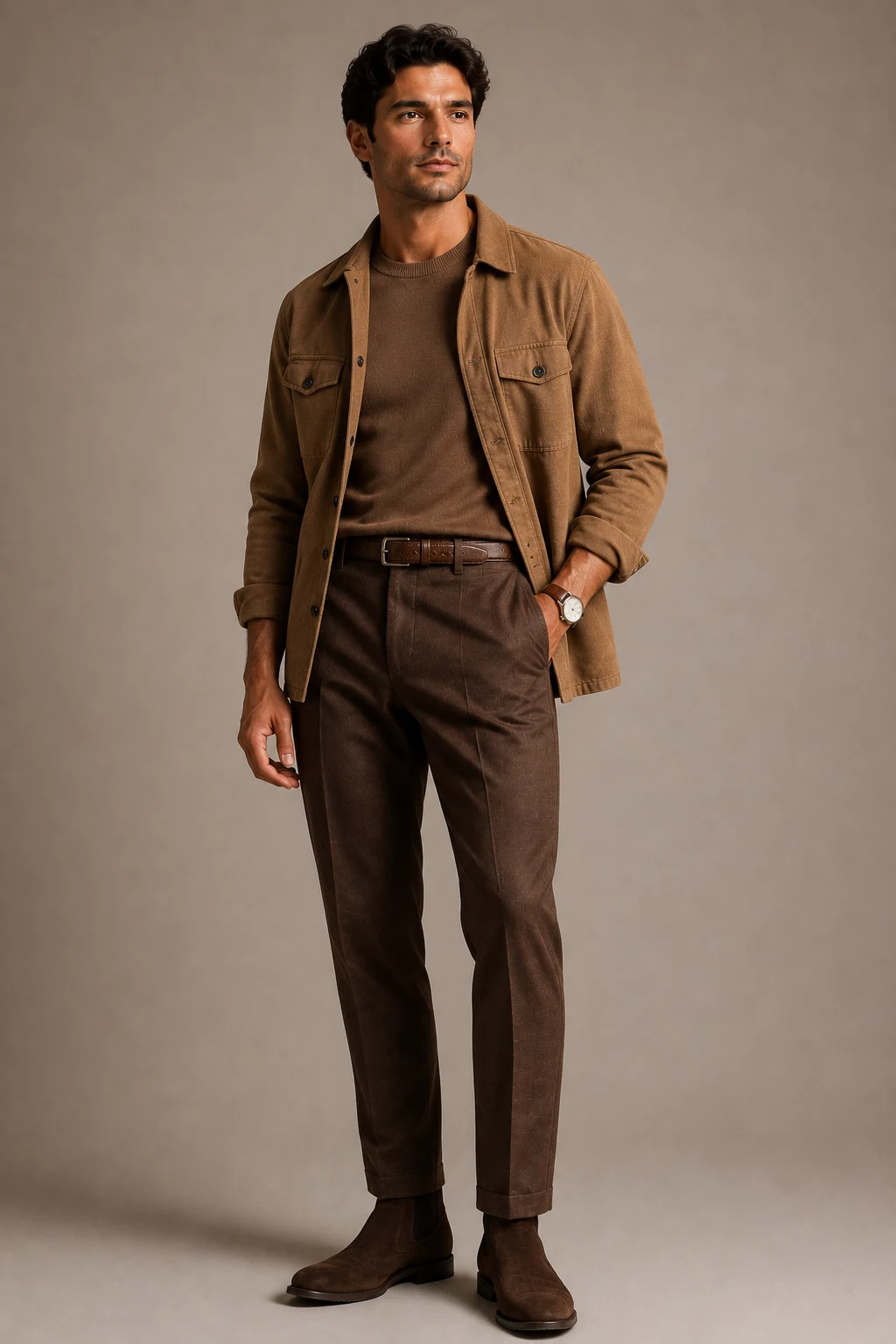 The Monochrome Brown Masterclass — brown pants outfit men style outfit, worn by a stylish man