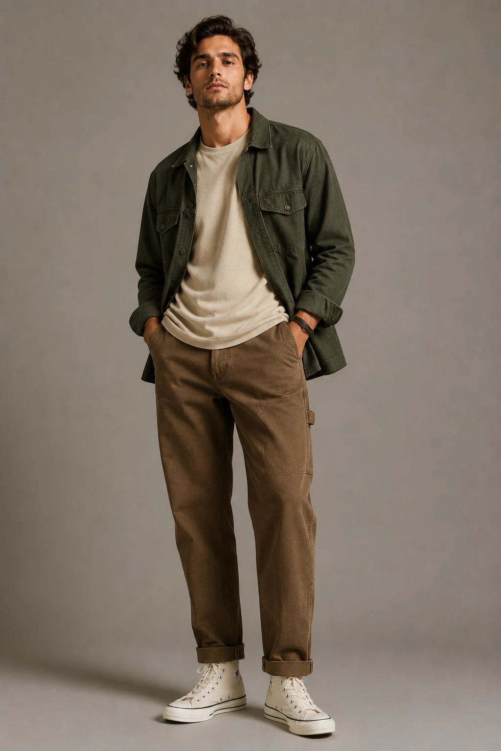 The Earth Tone Weekend Uniform — converse 70s outfit men style outfit, worn by a stylish man