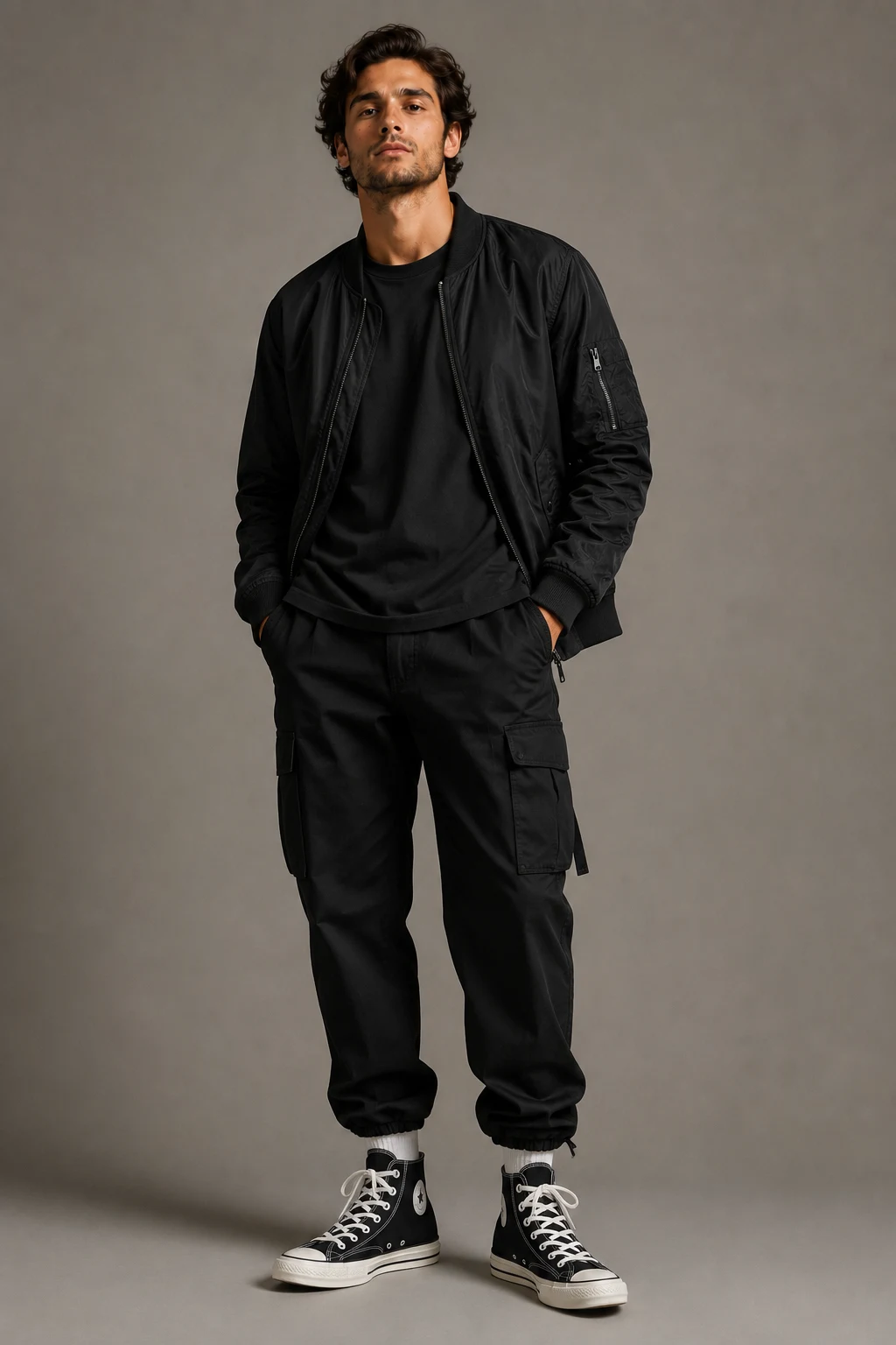 The Monochrome Black Streetwear Fit — converse 70s outfit men style outfit, worn by a stylish man