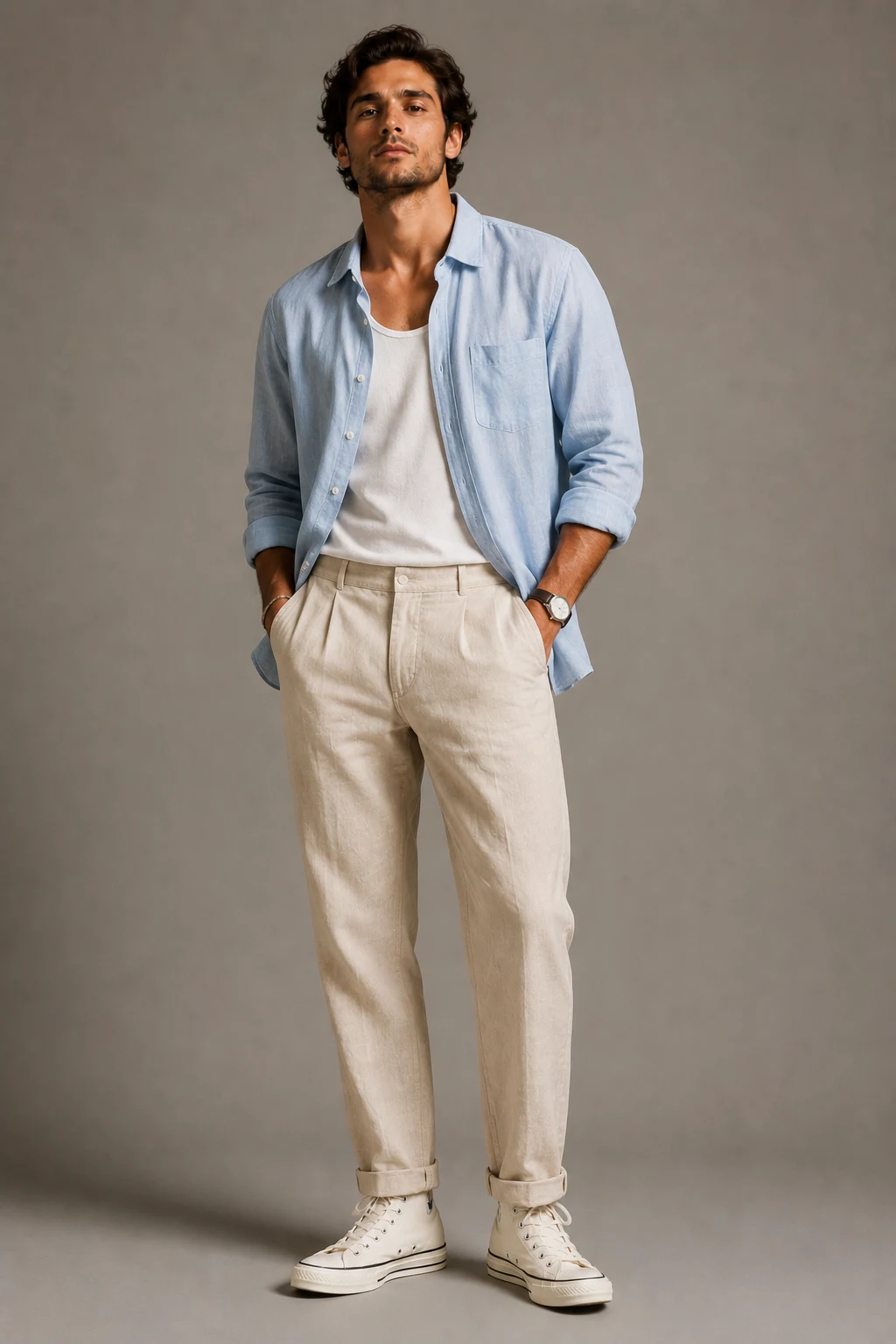 The Linen Summer Upgrade — converse 70s outfit men style outfit, worn by a stylish man