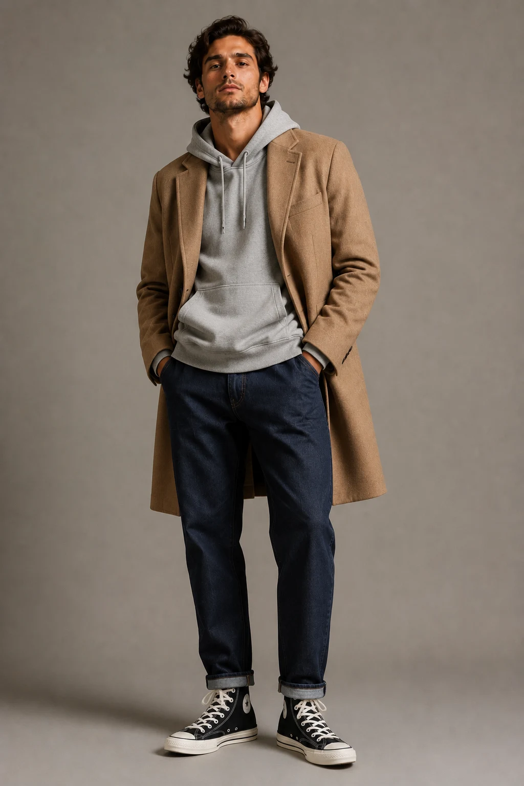 The Hoodie and Wool Coat Balance — converse 70s outfit men style outfit, worn by a stylish man