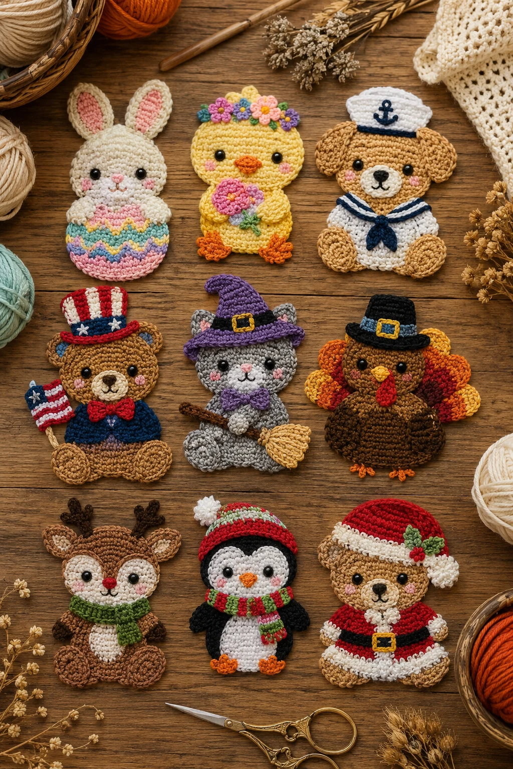 Seasonal Animal Friends for Every Celebration — crochet applique patterns free animal style outfit