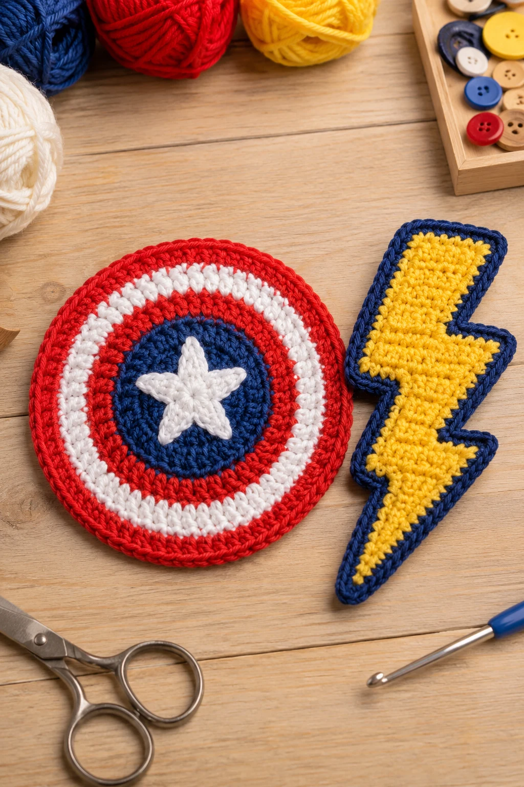 Superhero Shield and Lightning Bolt — crochet applique patterns free boy style outfit