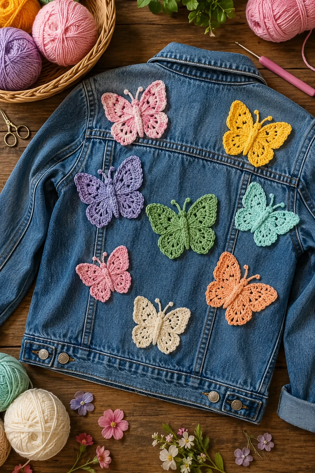 Denim Jacket Makeover with Crochet Applique Patterns Free Butterfly — crochet applique patterns free butterfly style outfit