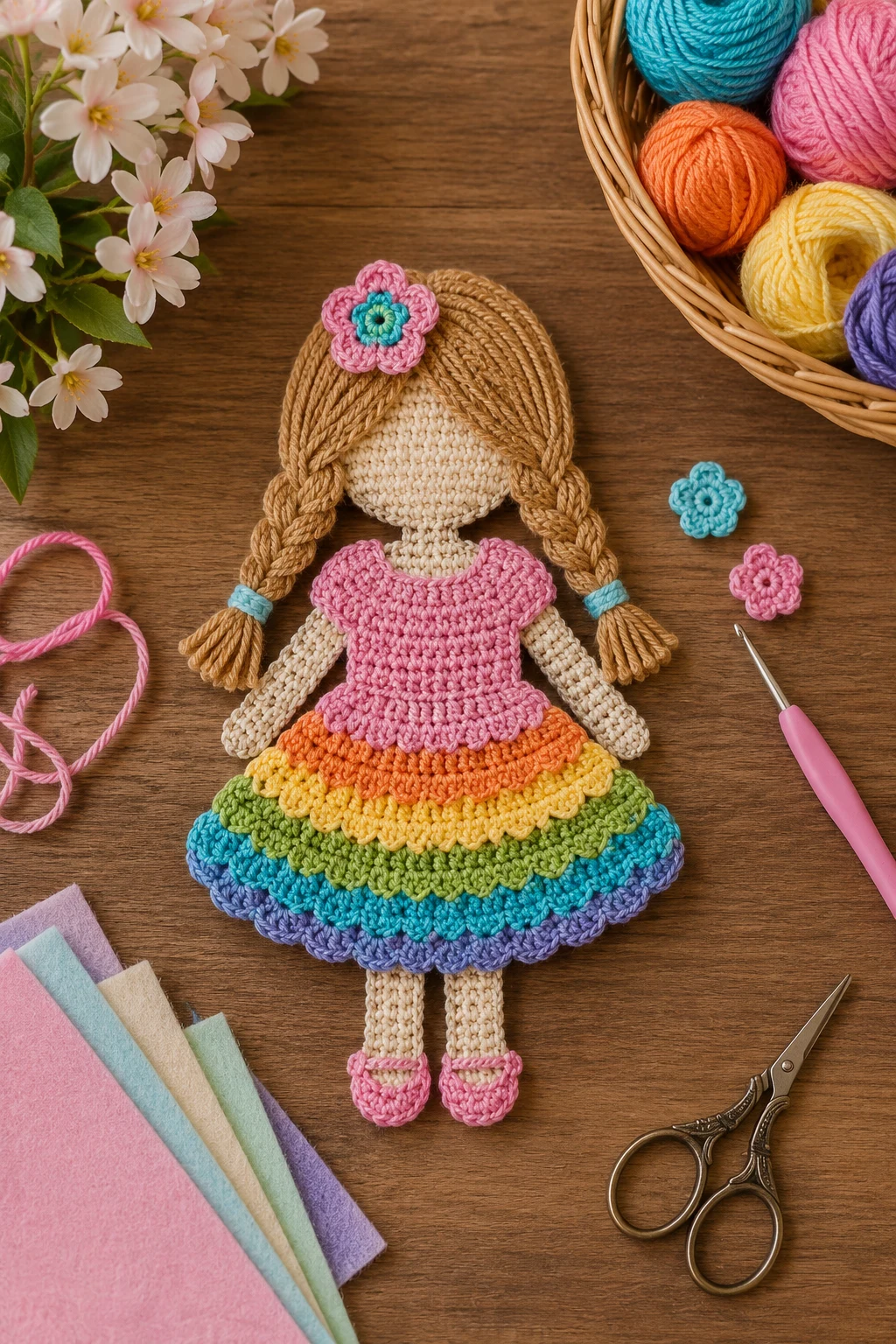 Rainbow Dress Doll – Crochet Applique Patterns Free Girl Wall Art — crochet applique patterns free girl style outfit