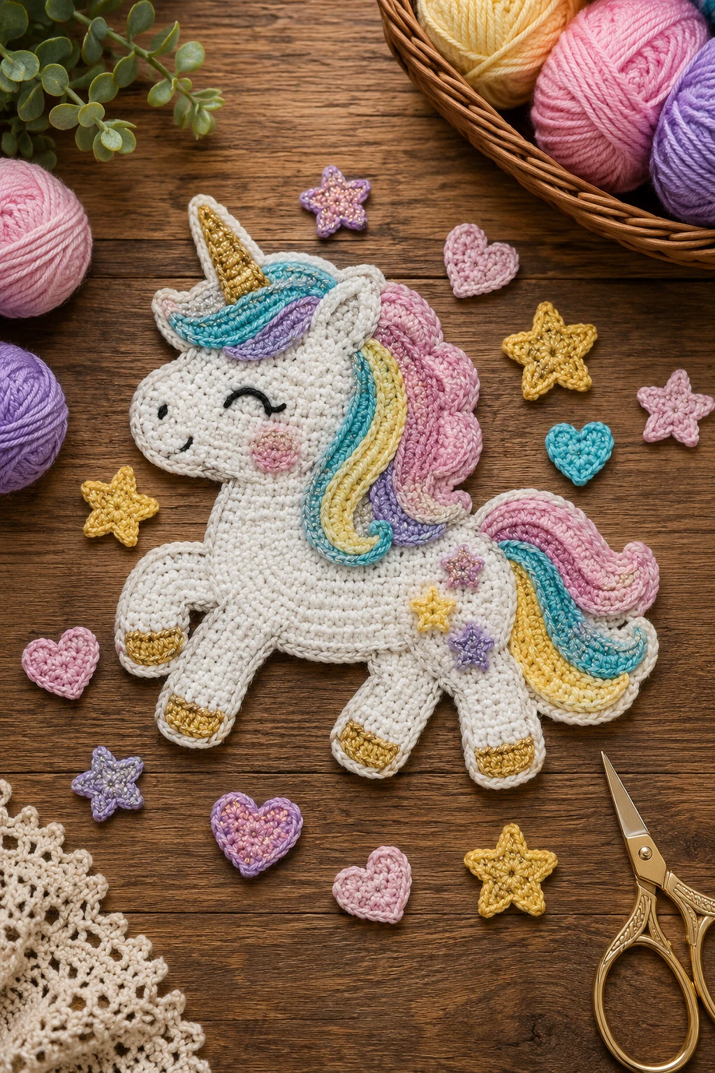 Sparkly Unicorn with Stars and Hearts — crochet applique patterns free unicorn style outfit