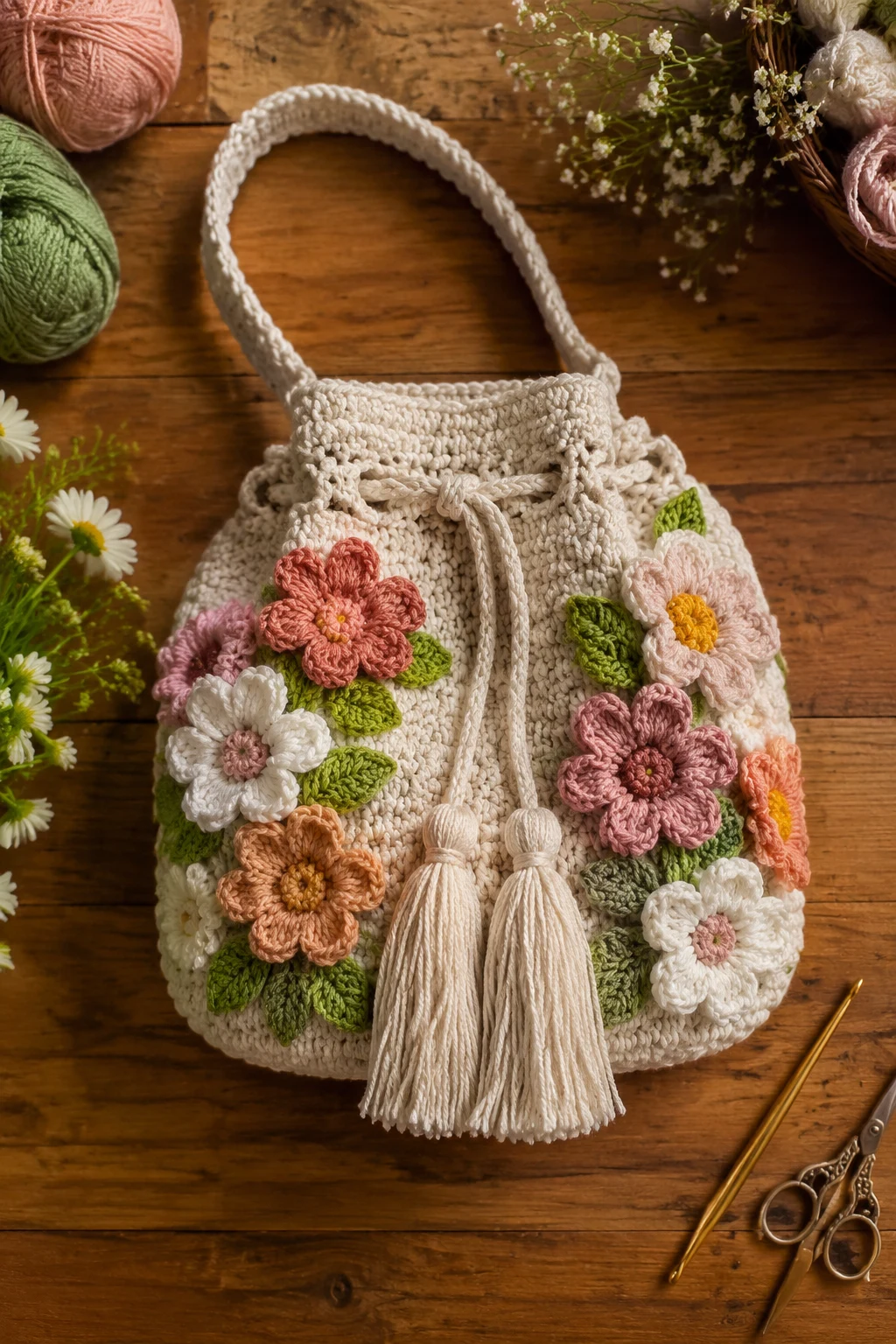 Floral Crochet Bucket Bag — crochet bag ideas style outfit