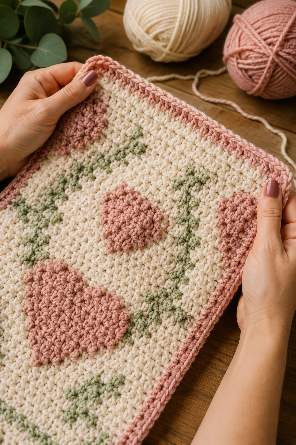 hands holding up the finished, completed crochet blanket patterns up close, right after this final 