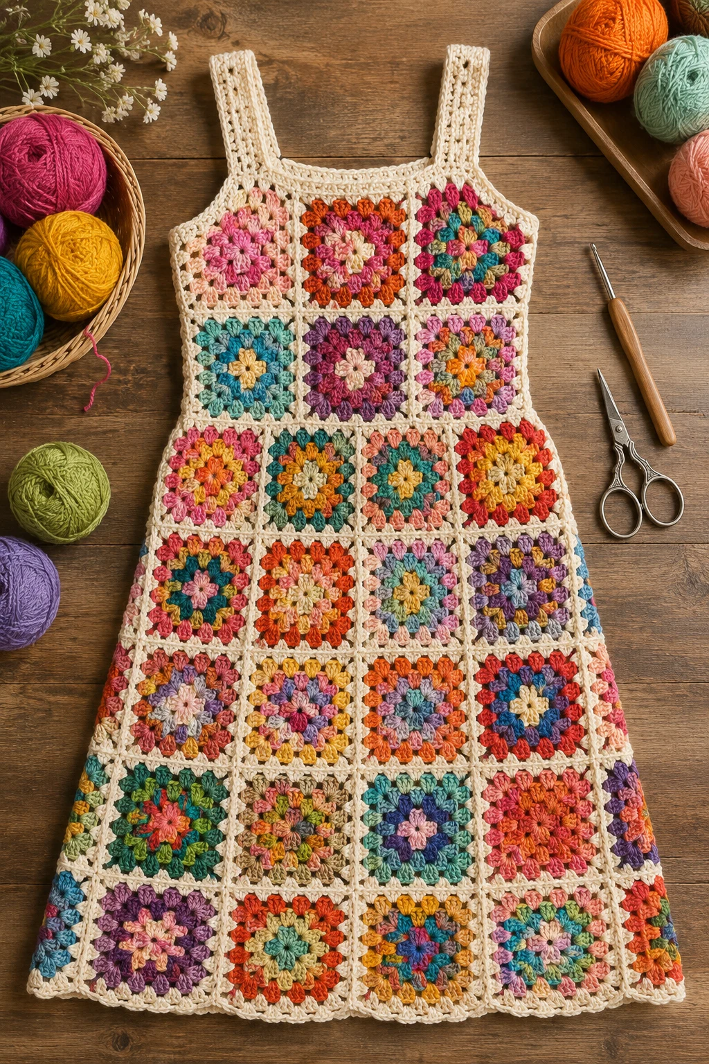 Colorful Granny Square Patchwork Dress — crochet clothes ideas style outfit