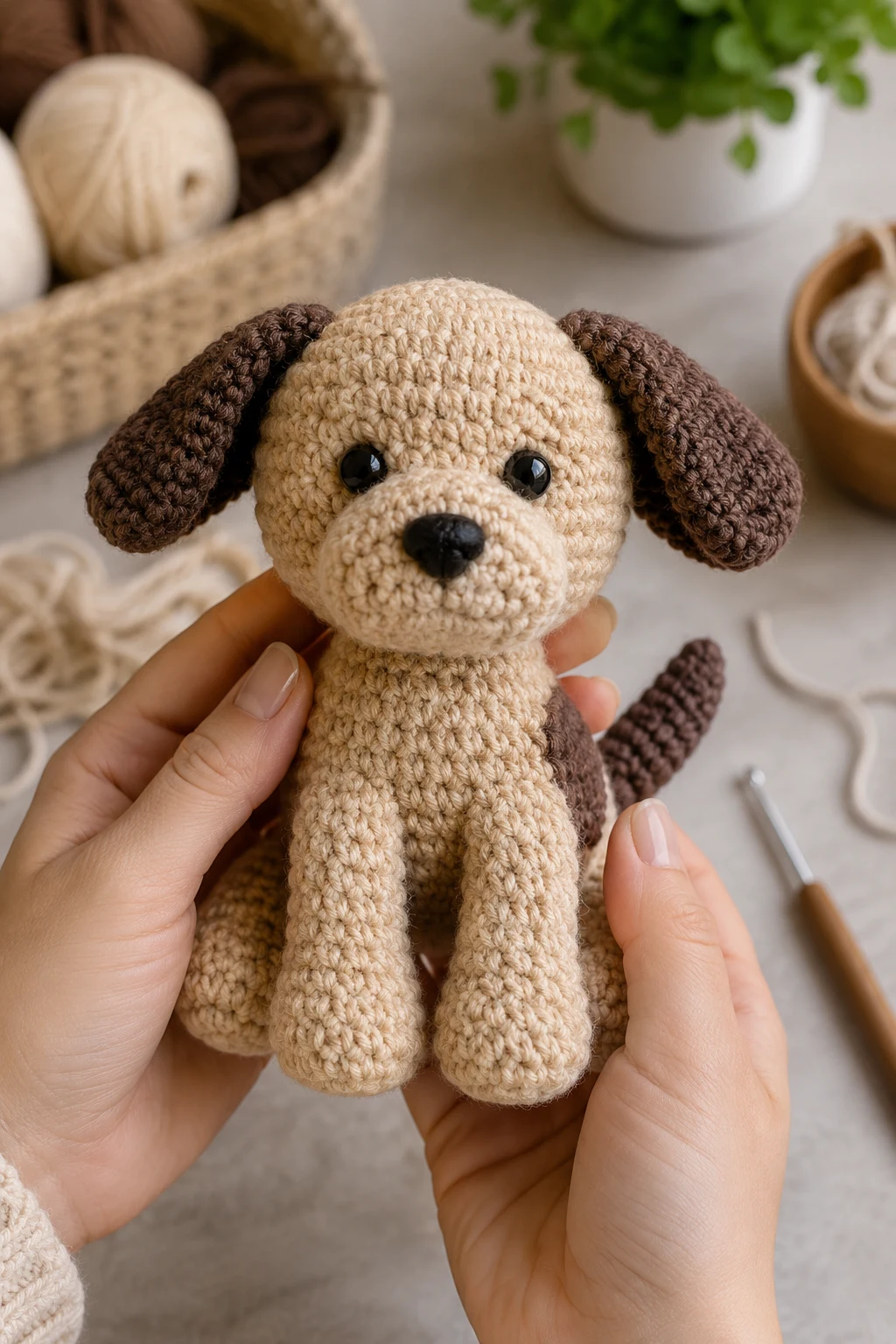 hands holding up the finished, completed crochet dog patterns up close, right after this final