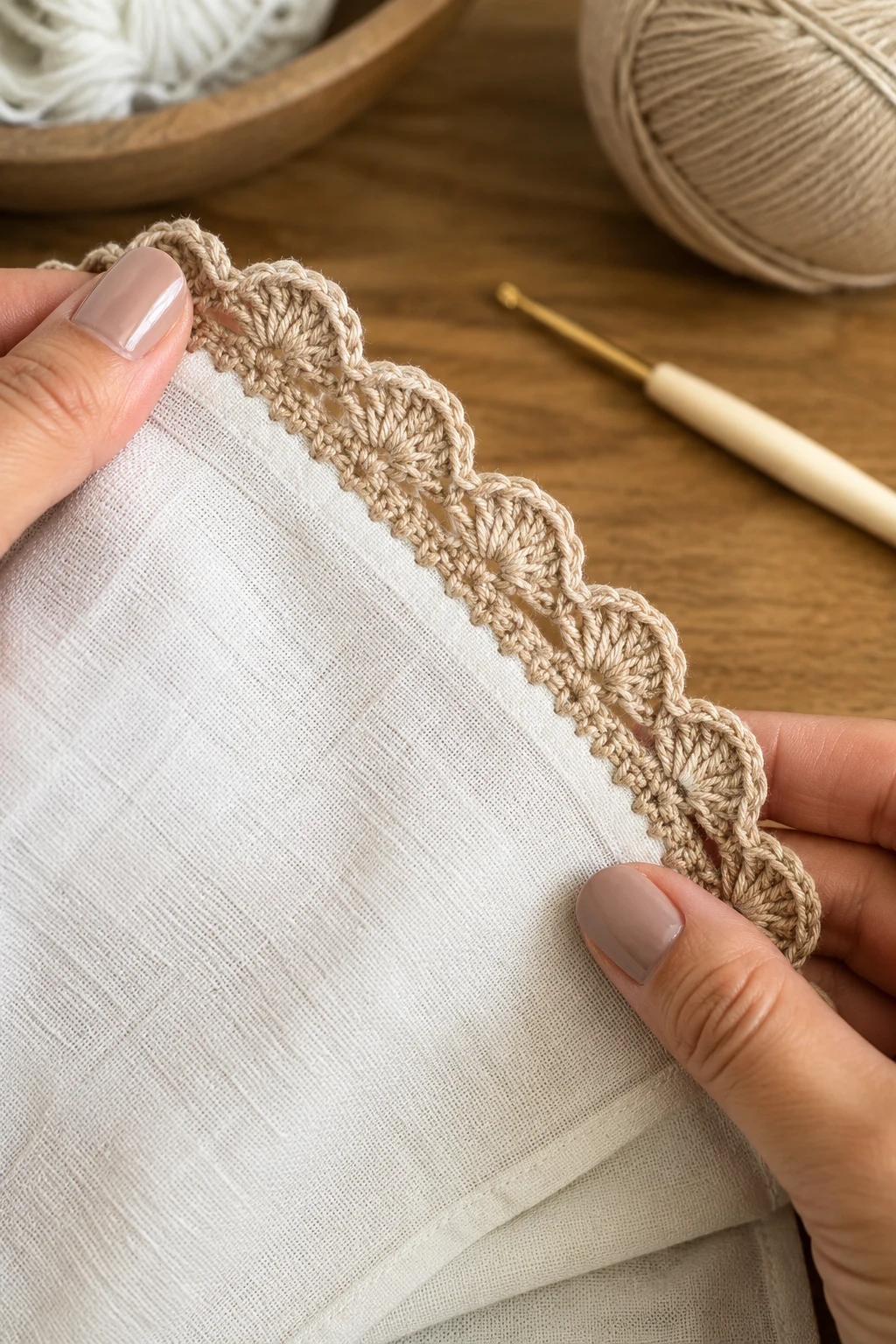 hands holding up the finished, completed crochet edging patterns up close, right after this final 