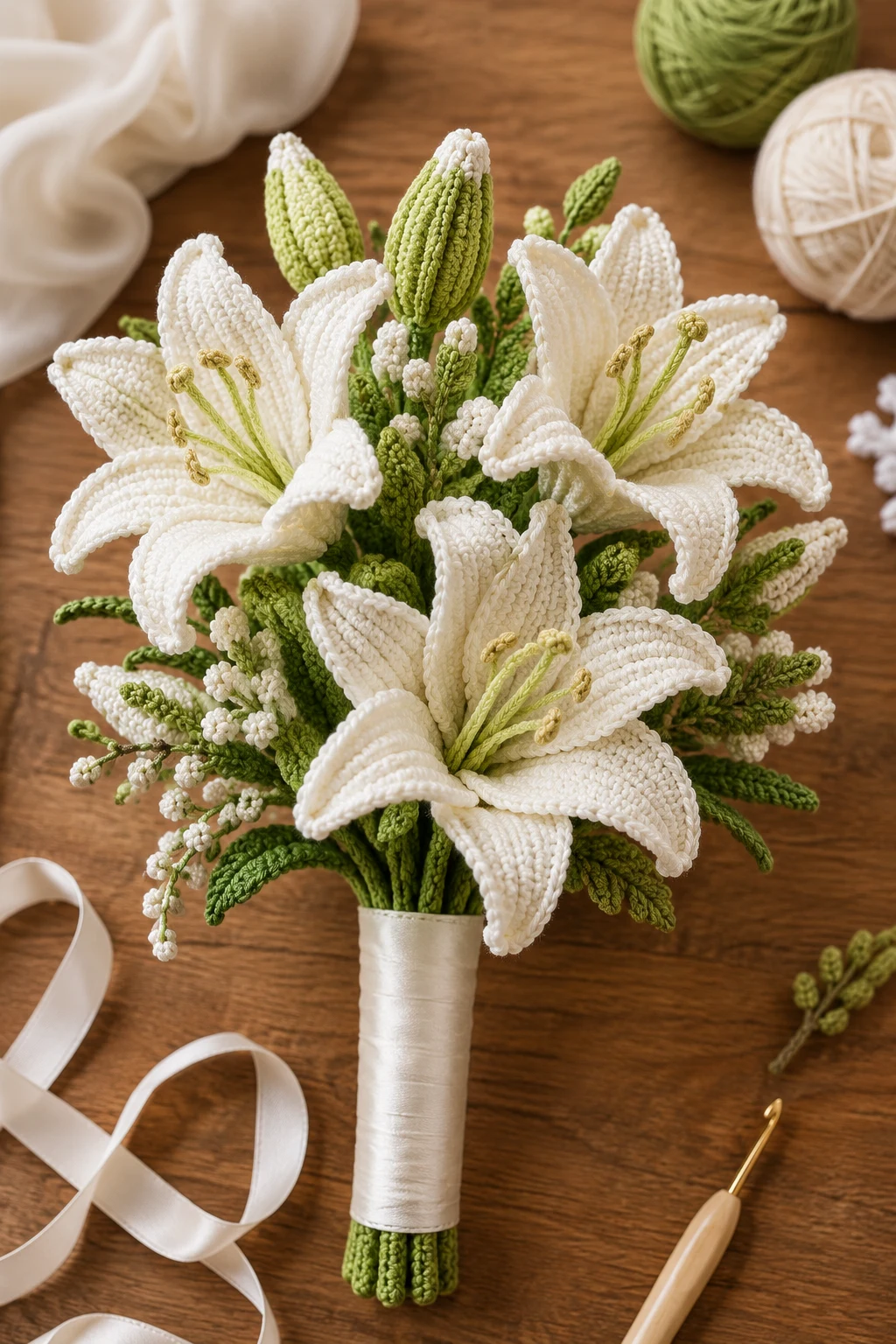 Elegant White Lily Wedding Bouquet — crochet flower bouquet ideas style outfit