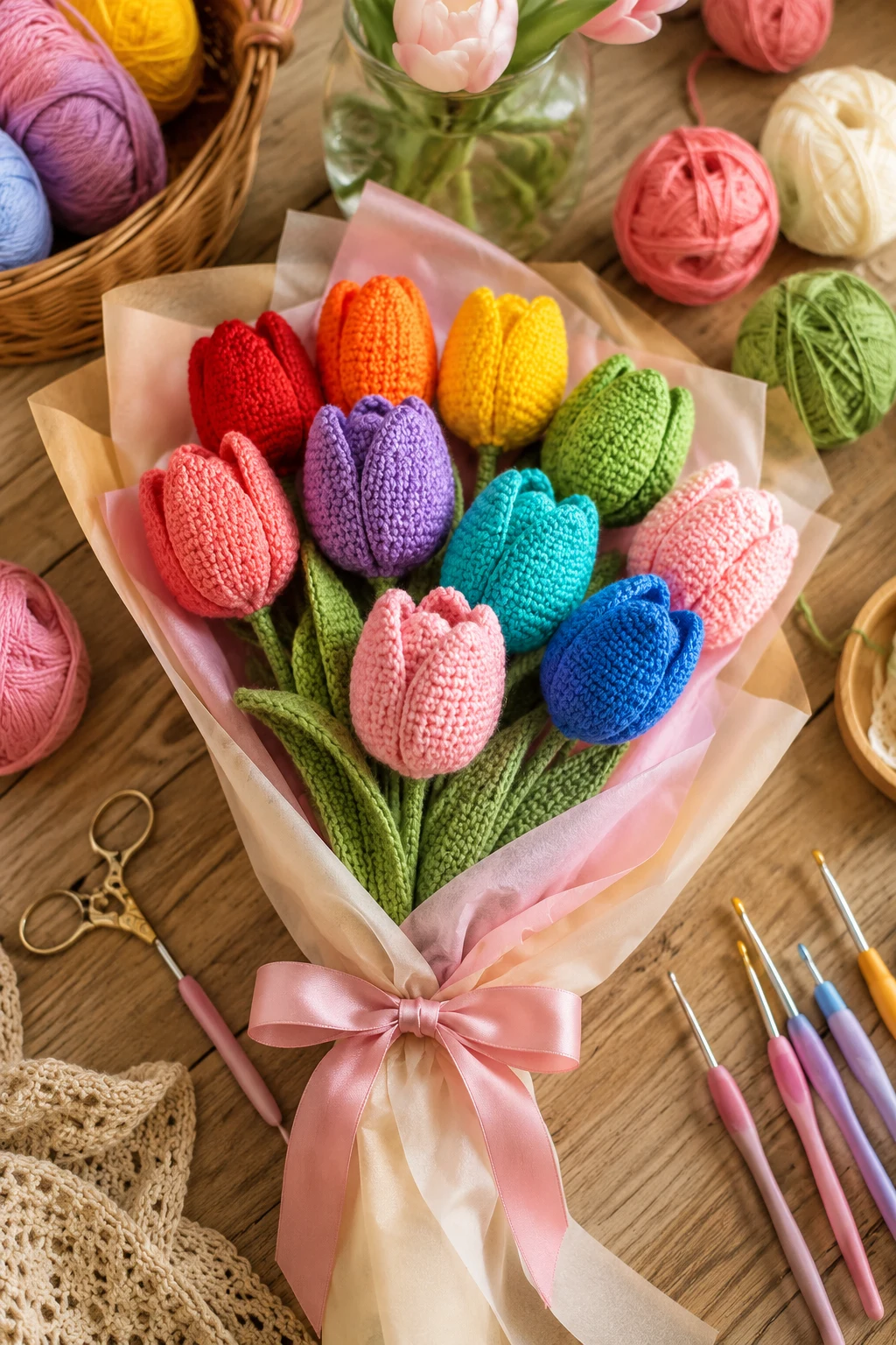 Rainbow Tulip Celebration Bouquet Crochet Flower Bouquet Ideas — crochet flower bouquet ideas style outfit