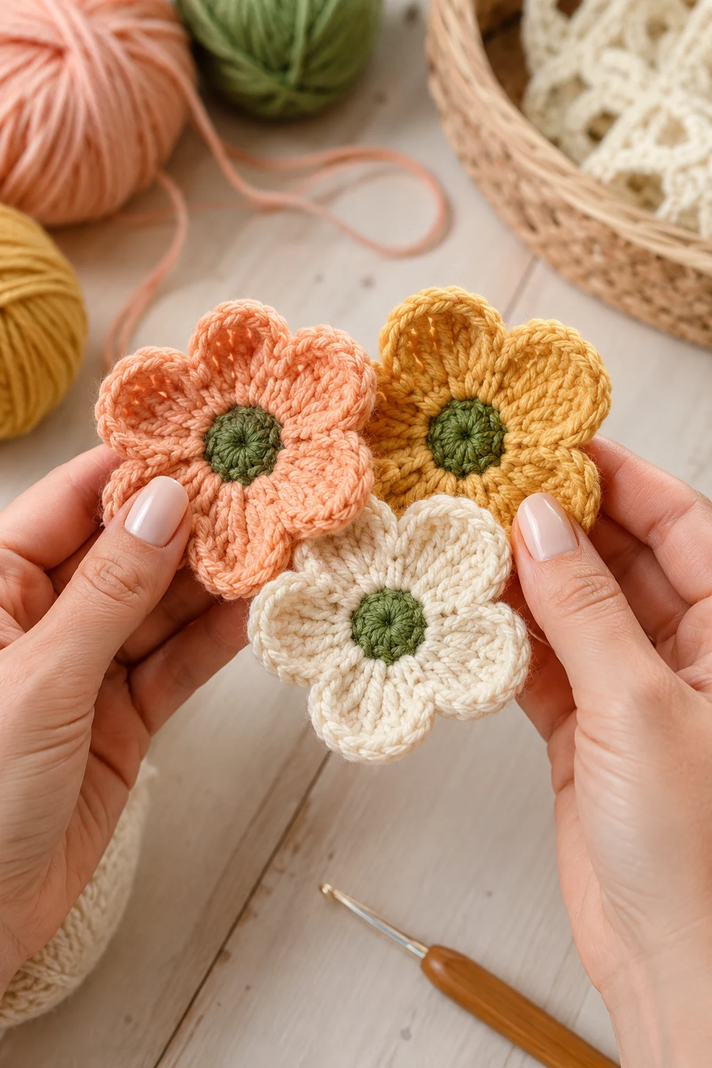hands holding up the finished, completed crochet flower patterns up close, right after this final