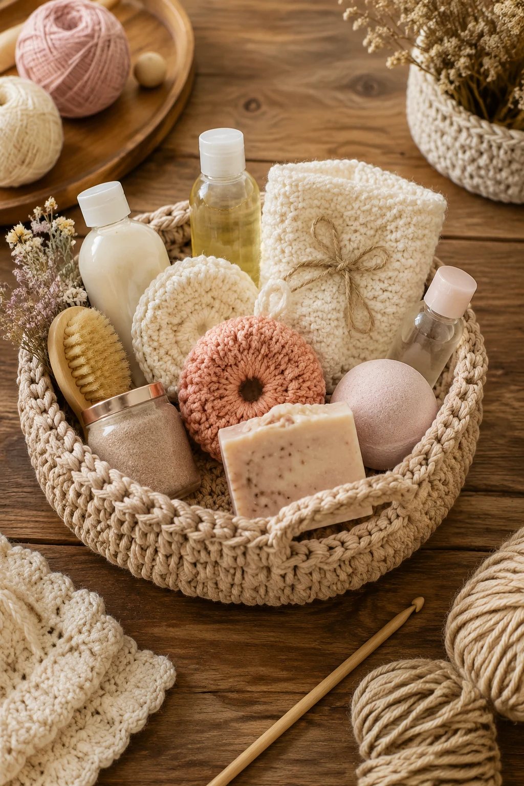 Handmade Spa Basket with Crochet Accessories — crochet gift ideas style outfit