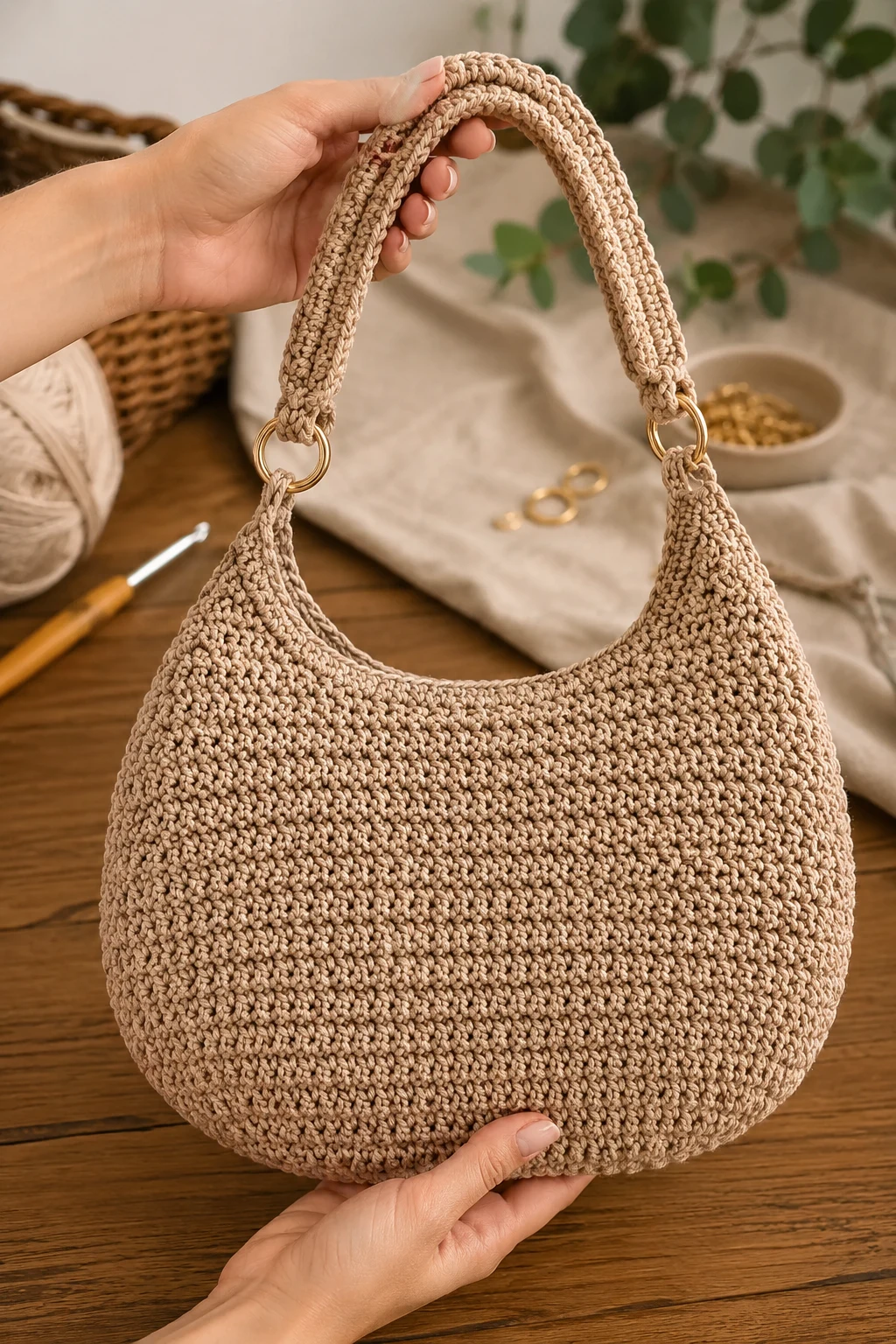 hands holding up the finished, completed crochet handbags patterns up close, right after this final 