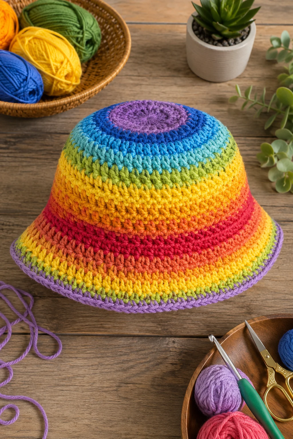 Bright Rainbow Bucket Hat — crochet hat ideas style outfit