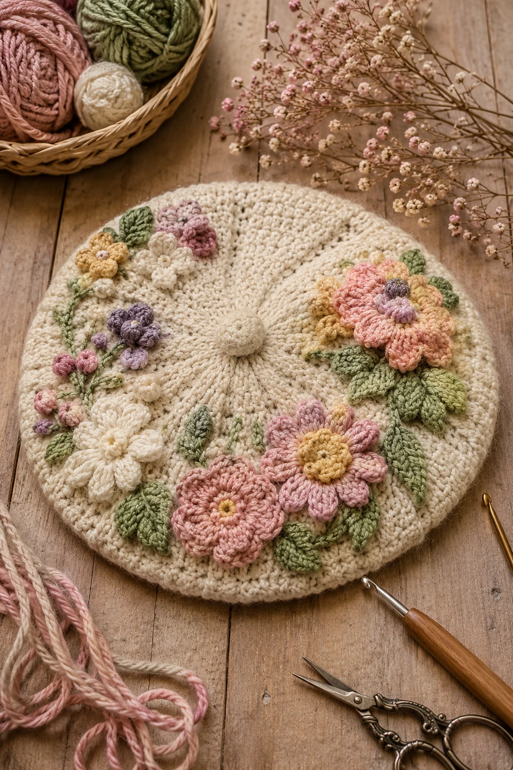 Cottage Bloom Floral Beret Crochet Hat Ideas — crochet hat ideas style outfit