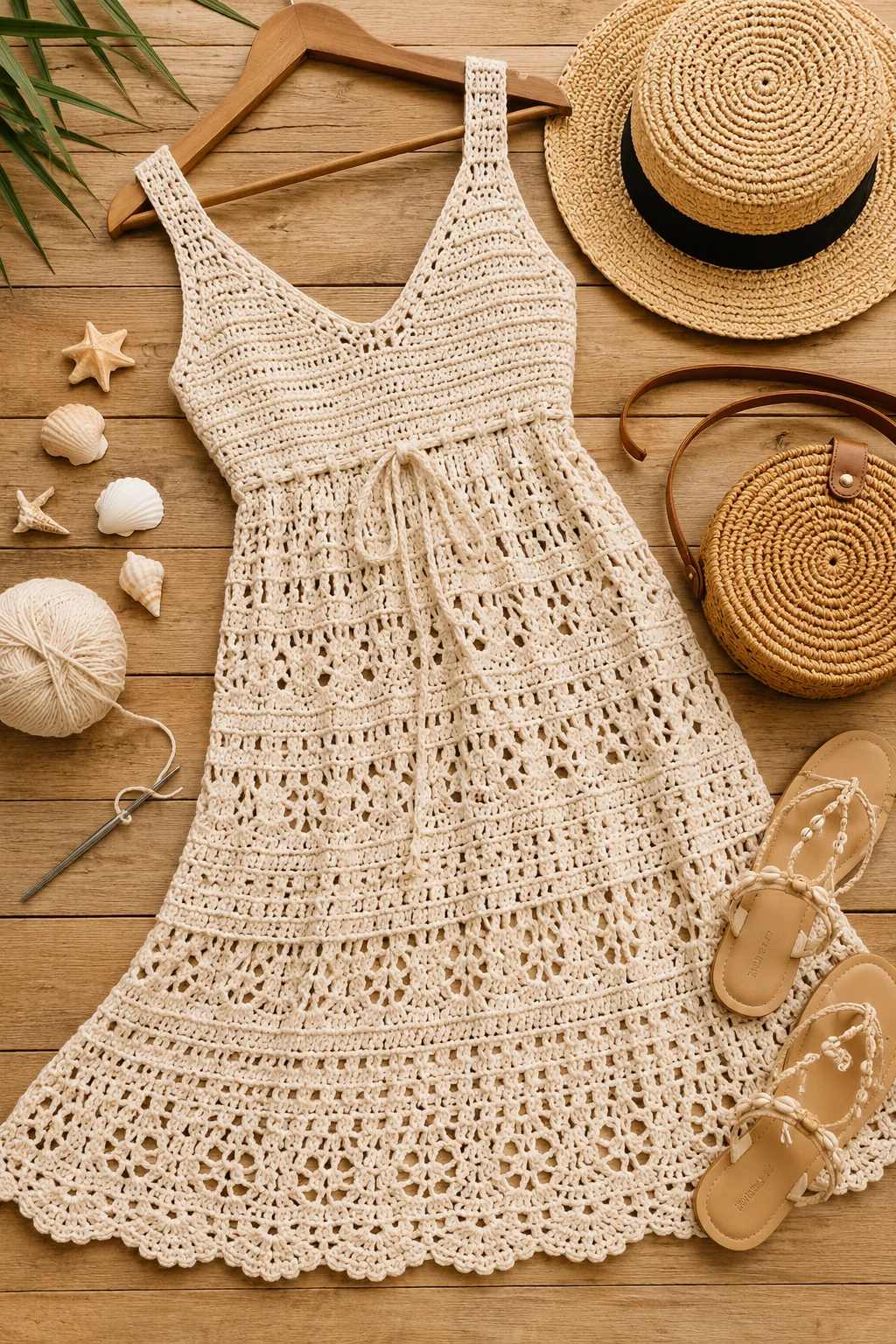 Coastal Chic Crochet Dress with Straw Accessories — crochet outfit ideas style outfit