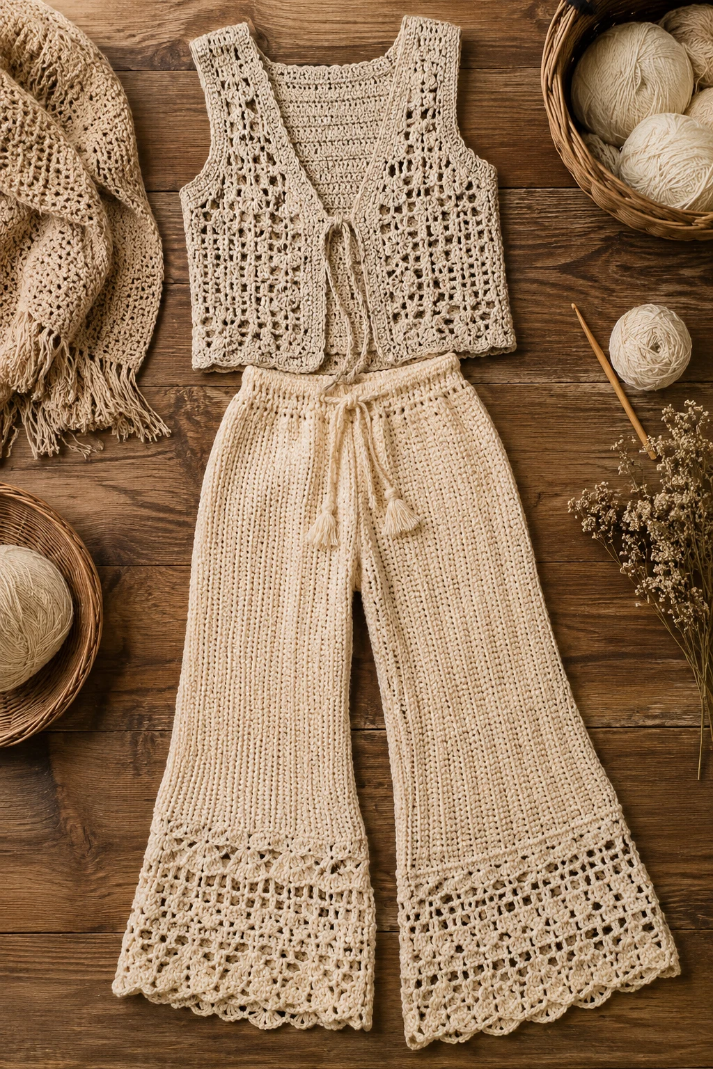 Boho Crochet Vest with Wide-Leg Pants — crochet outfit ideas style outfit