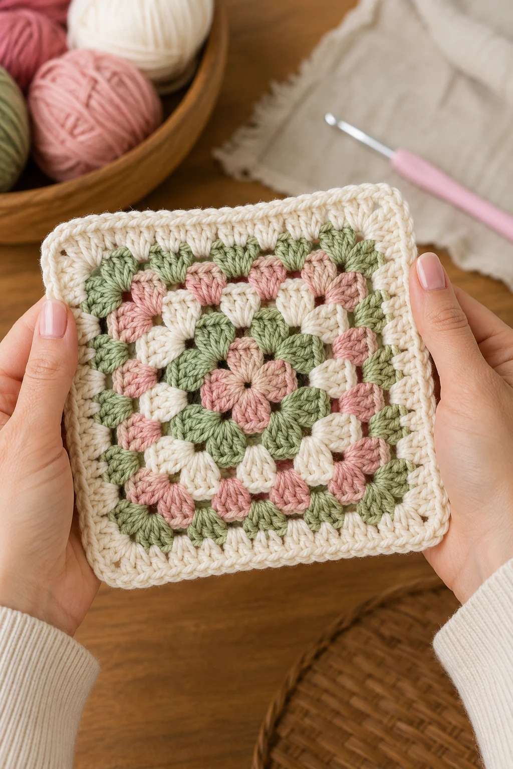 hands holding up the finished, completed crochet square patterns up close, right after this final 