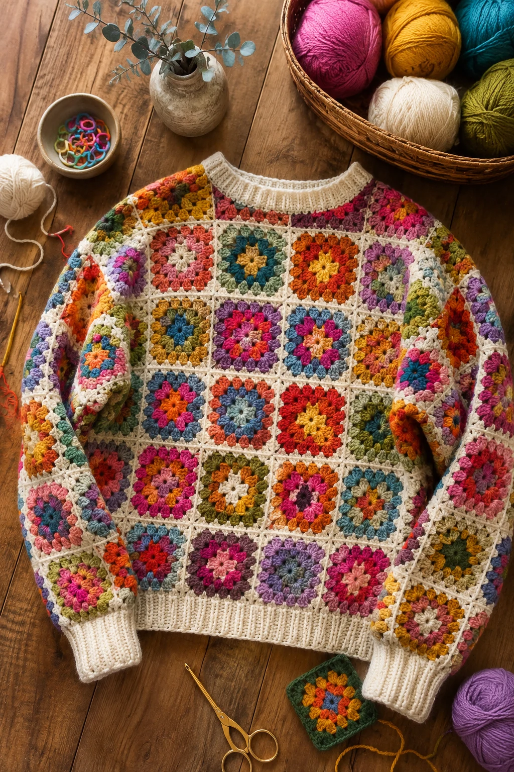 Bright Granny Square Patchwork Crochet Sweater Ideas — crochet sweater ideas style outfit