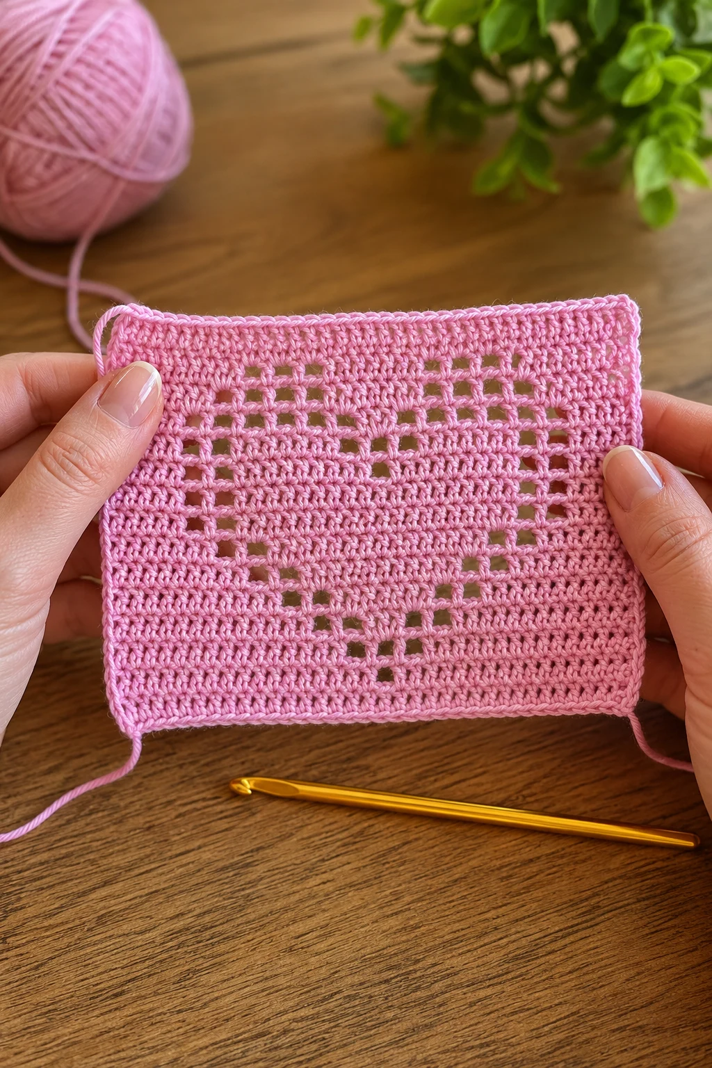 hands holding up the finished, completed filet crochet patterns up close, right after this final 