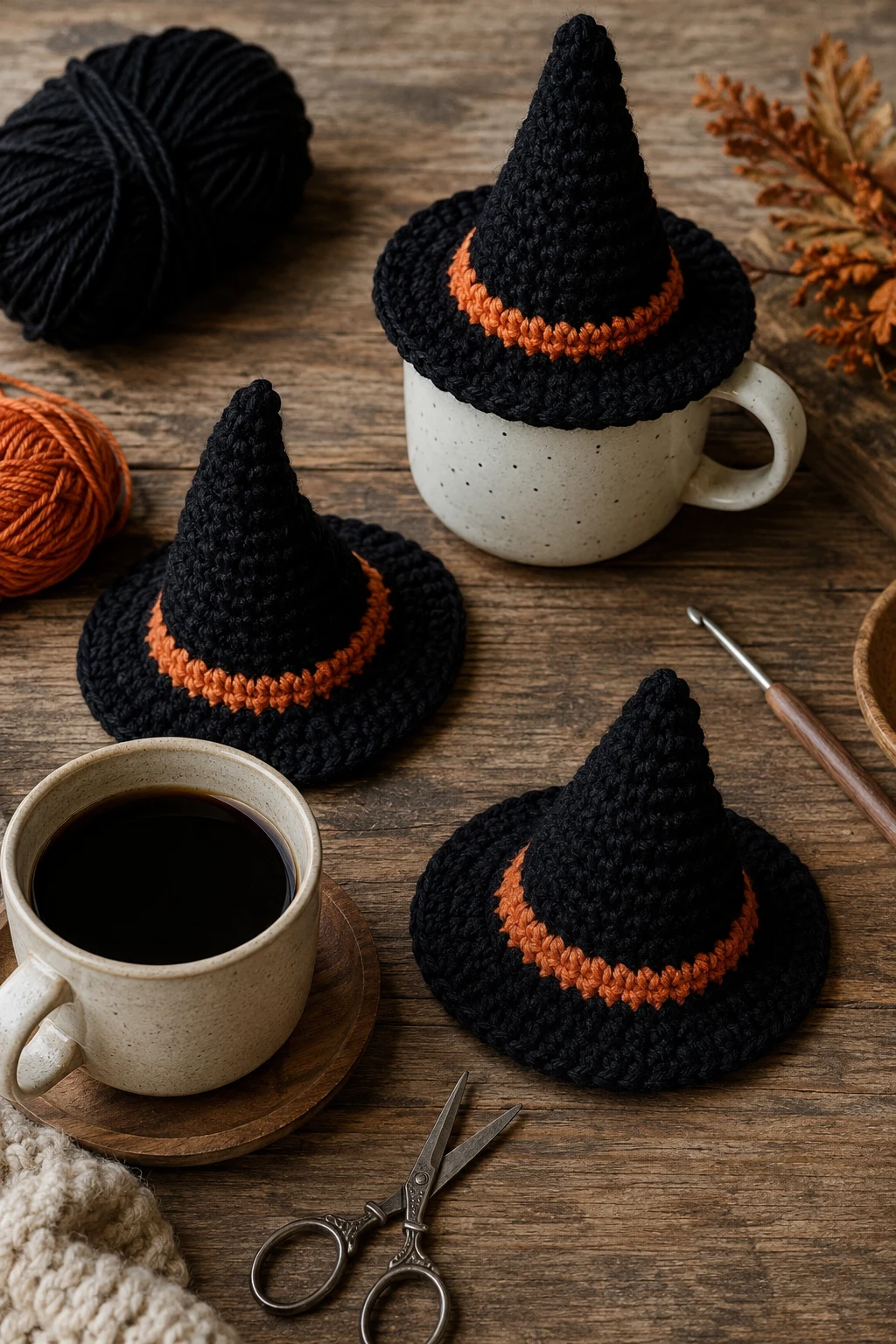 Witch Hat Mug Toppers for Cozy October Mornings — halloween crochet ideas style outfit