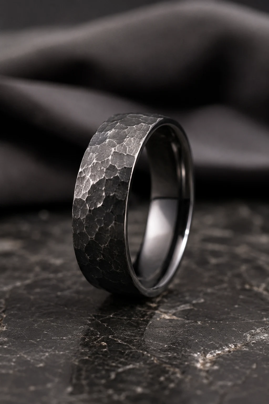Hammered Texture Male Wedding Rings with Rugged Character — male wedding rings style outfit, worn by a stylish man