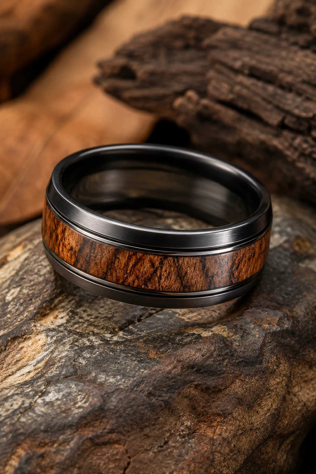 Wood Inlay Male Wedding Rings Inspired by Nature — male wedding rings style outfit, worn by a stylish man
