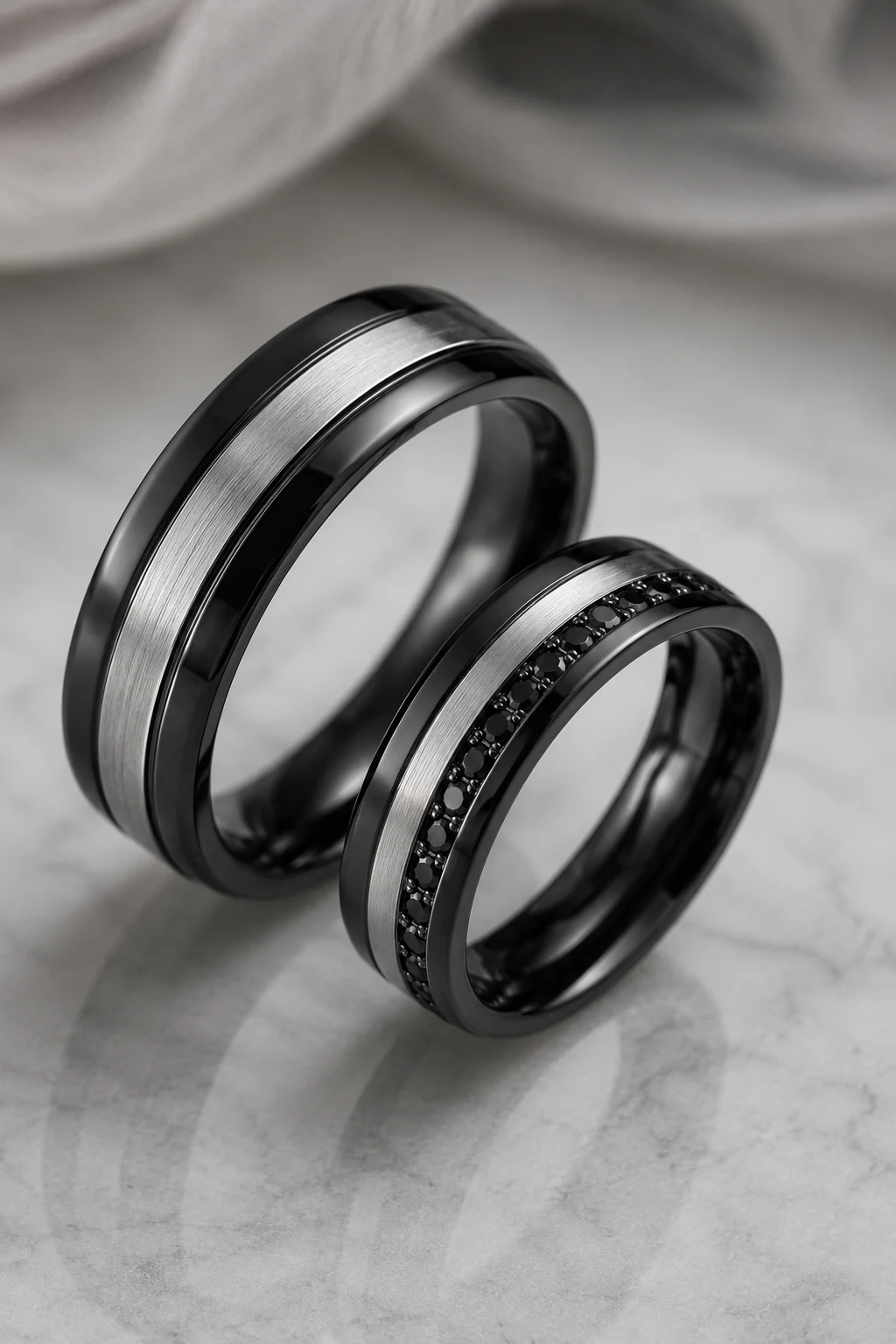 Sleek Black and Silver Matching Wedding Rings — matching wedding rings style outfit
