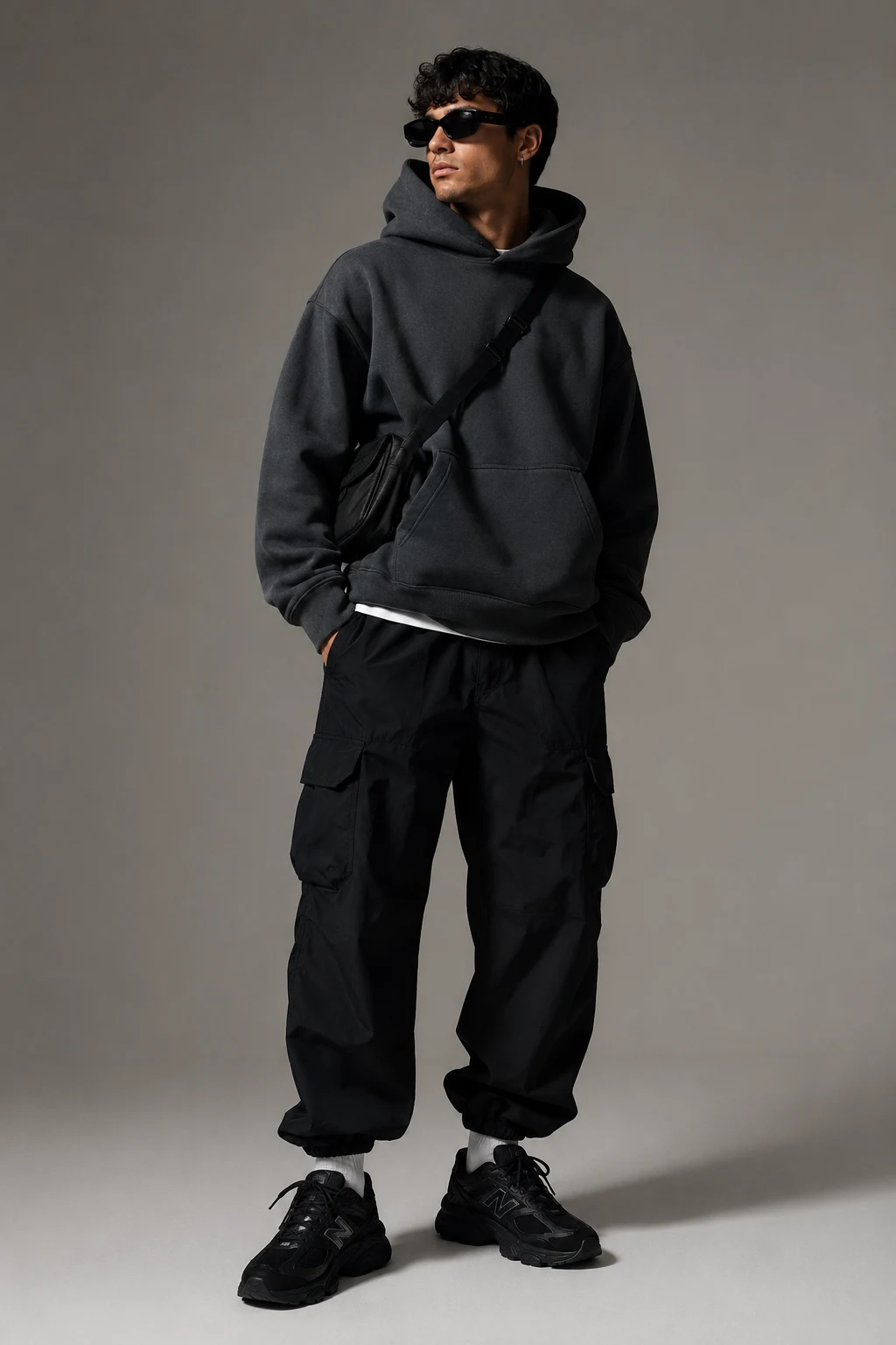 The Oversized Hoodie Street King — men’s black new balance 9060 outfits style outfit, worn by a stylish man