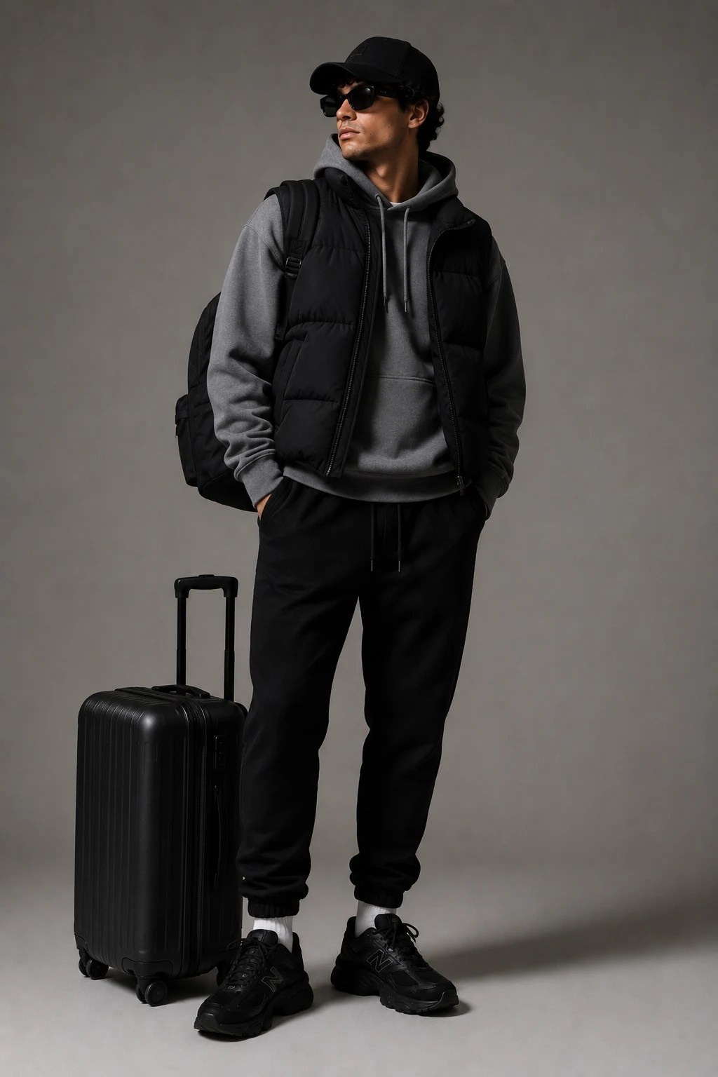 The Airport Travel Uniform — men’s black new balance 9060 outfits style outfit, worn by a stylish man