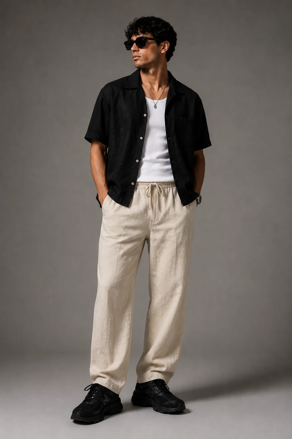 The Summer Linen Flex — men’s black new balance 9060 outfits style outfit, worn by a stylish man