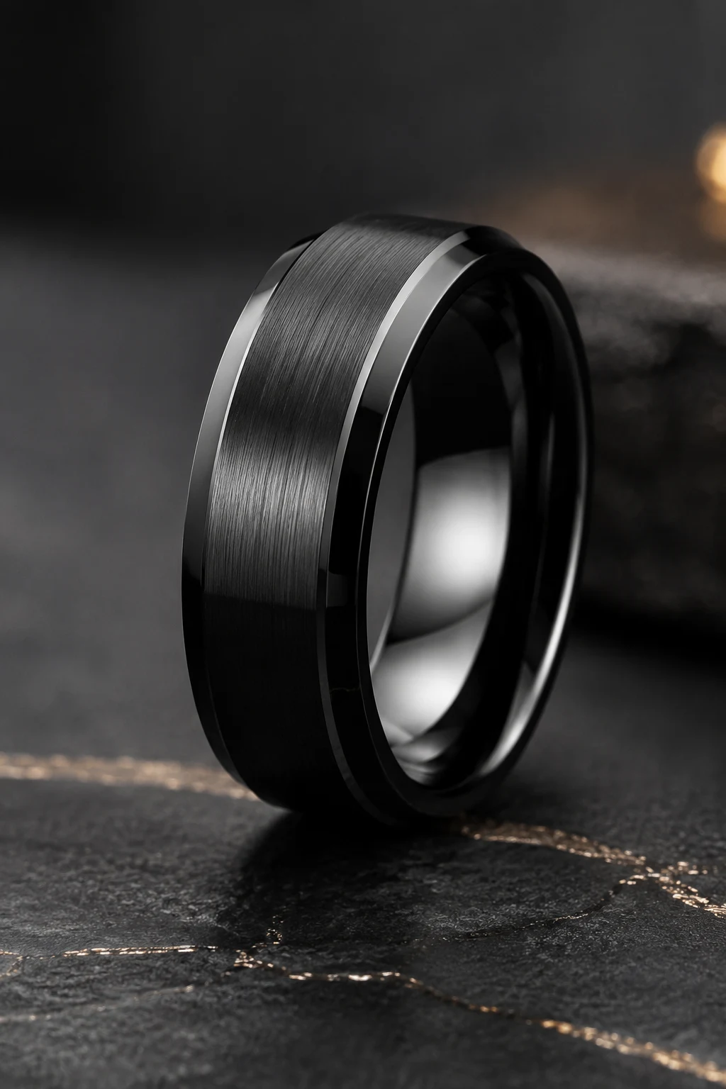 Modern Men Wedding Rings in Black Tungsten — men wedding rings style outfit, worn by a stylish man