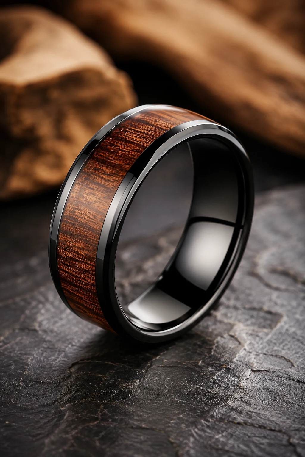 Men Wedding Rings with Wood Inlays for Natural Style — men wedding rings style outfit, worn by a stylish man