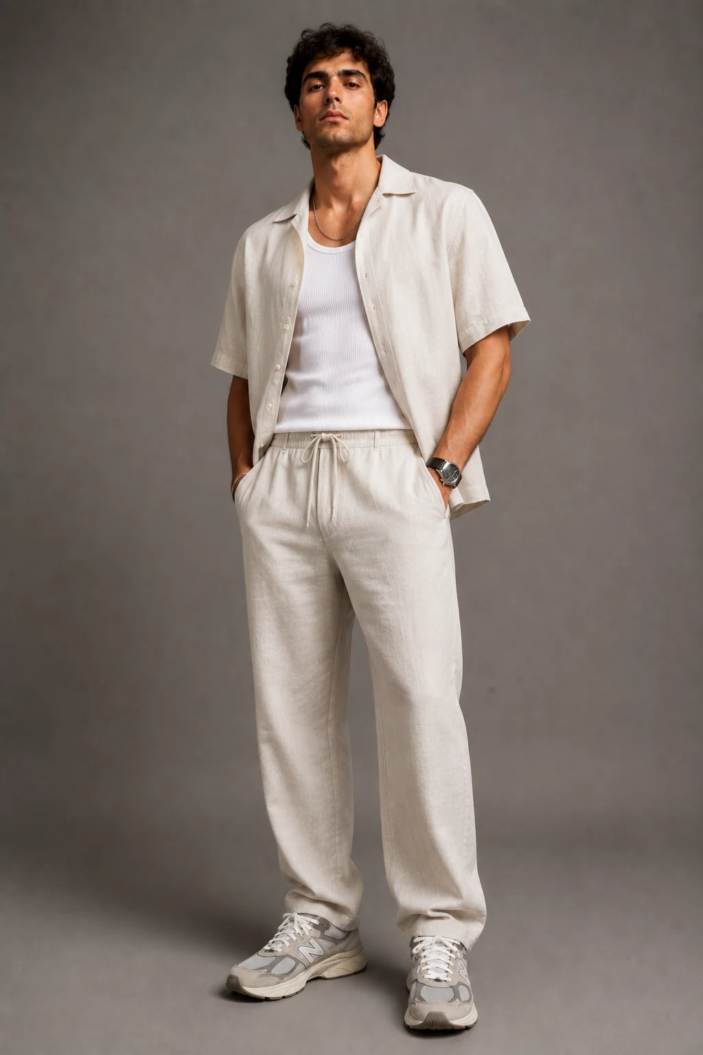 The Summer Linen Flex — mens outfits with new balance 9060 style outfit, worn by a stylish man