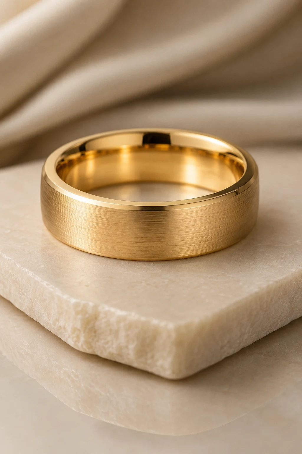 Mens Wedding Rings Gold with Brushed Matte Finish — mens wedding rings gold style outfit, worn by a stylish man