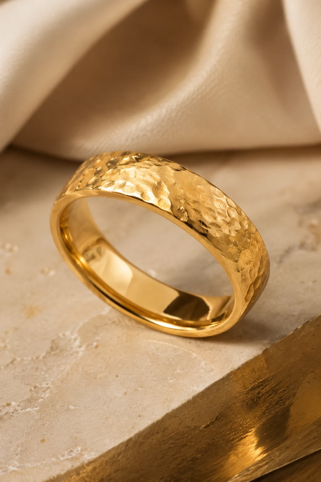 Hammered Texture Adds Character to Mens Wedding Rings Gold — mens wedding rings gold style outfit, worn by a stylish man