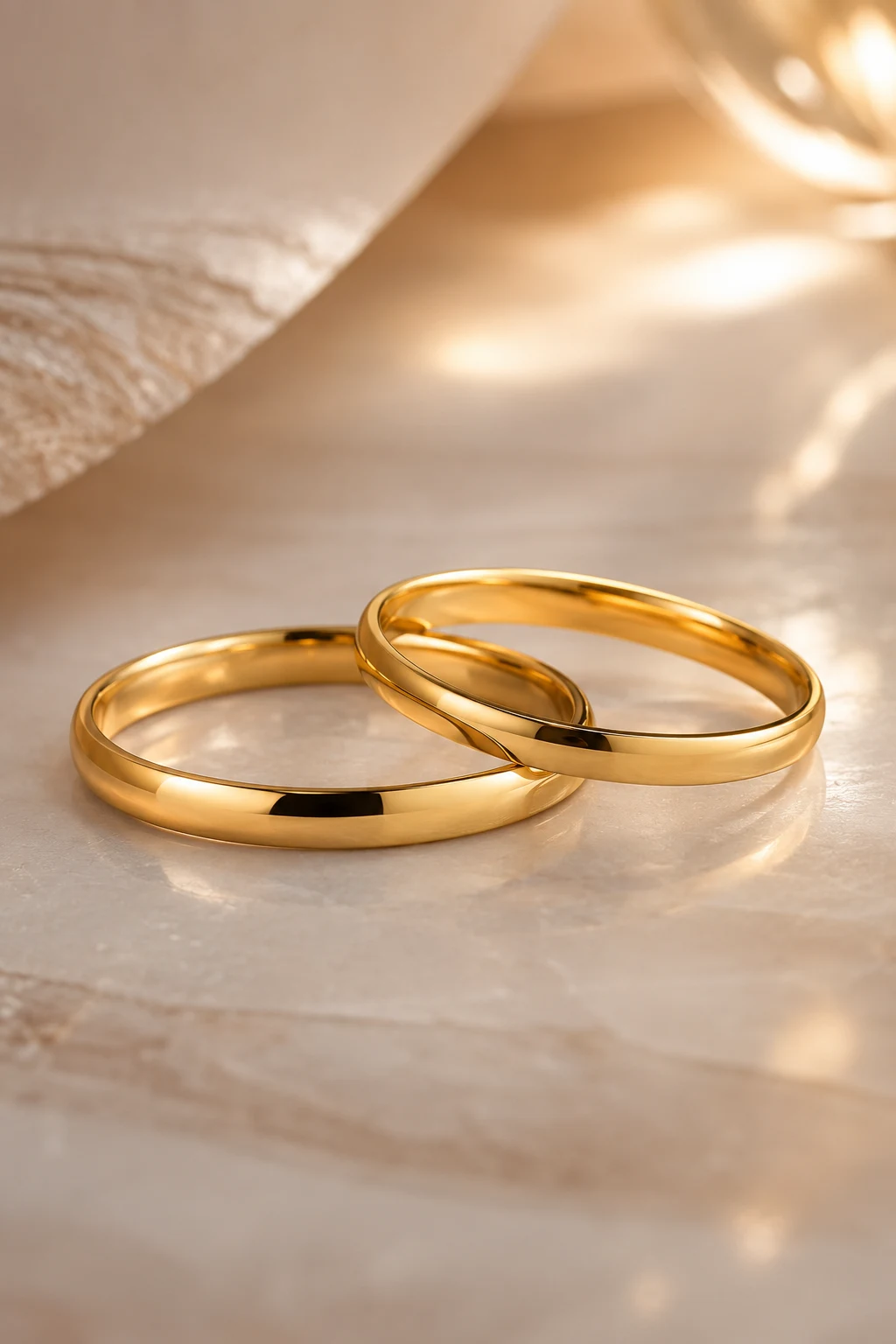 Slim Gold Bands with Minimalist Appeal — mens wedding rings gold style outfit, worn by a stylish man