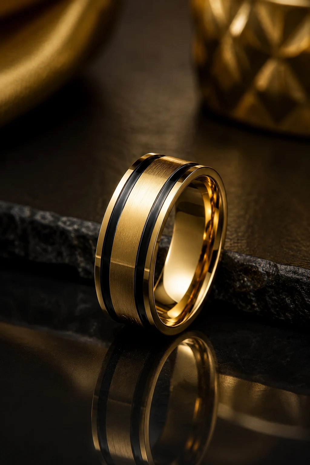 Mens Wedding Rings Gold with Black Accents — mens wedding rings gold style outfit, worn by a stylish man