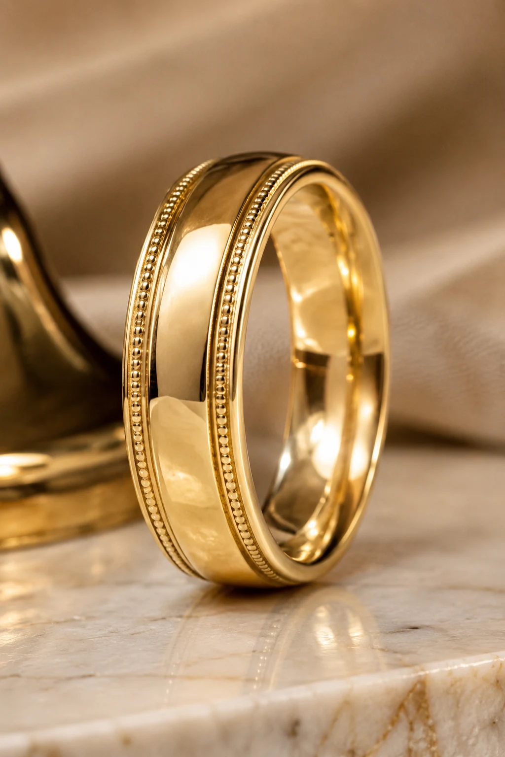 Vintage-Inspired Gold Bands with Milgrain Details — mens wedding rings gold style outfit, worn by a stylish man