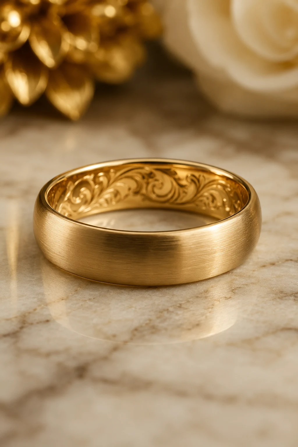 Personalized Gold Wedding Rings with Meaningful Engraving — mens wedding rings gold style outfit, worn by a stylish man