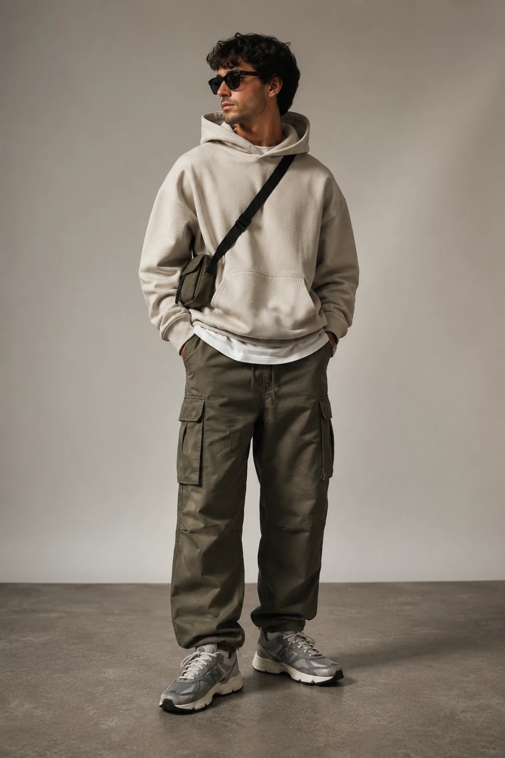 The Oversized Hoodie and Cargo Combo That Never Misses — new balance 9060 grey men outfits style outfit, worn by a stylish man