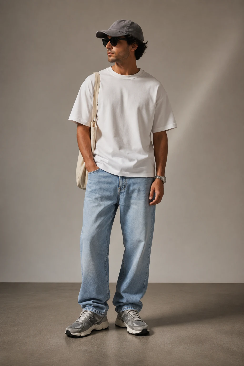 The Clean White Tee and Relaxed Denim Uniform — new balance 9060 grey men outfits style outfit, worn by a stylish man