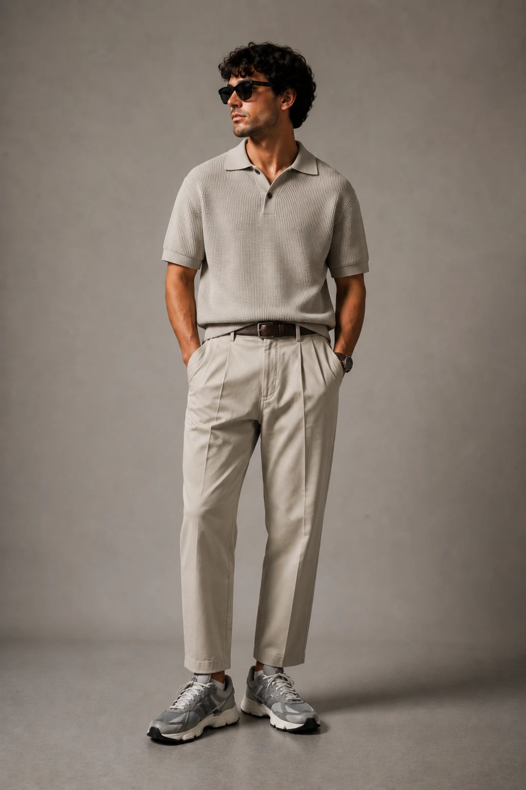 The Knit Polo Upgrade Everyone Notices — new balance 9060 grey men outfits style outfit, worn by a stylish man