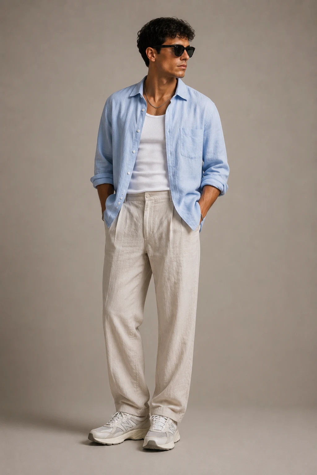 The Summer Linen Move — new balance 9060 mens outfits style outfit, worn by a stylish man